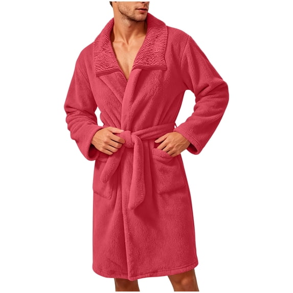 successthop Mens Robes Plush Fleece Long Sleeves Homewear Belted Sleepwear with Pockets Big and Tall Fall Loungewear L