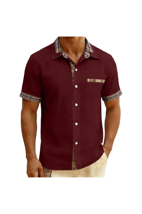 Mens Short Sleeve Button Down Shirts with Pockets Big and Tall Collar Shirt Casual Top Plaid Clothes Wine