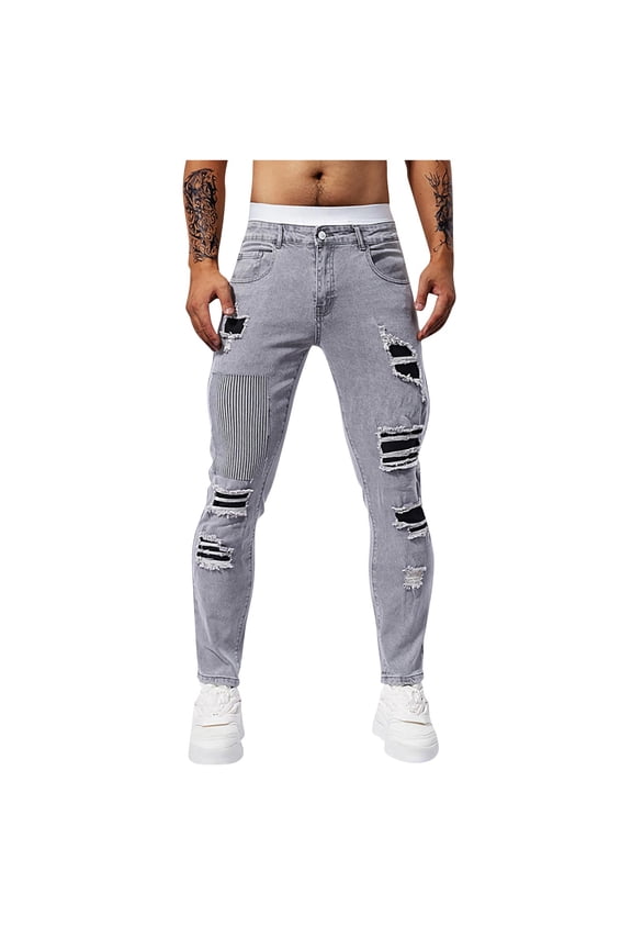 Mens Stretch Jeans Summer Streetwear Button Tapered Denim Pant Ripped Washed Zip Up Trousers with Pockets 29
