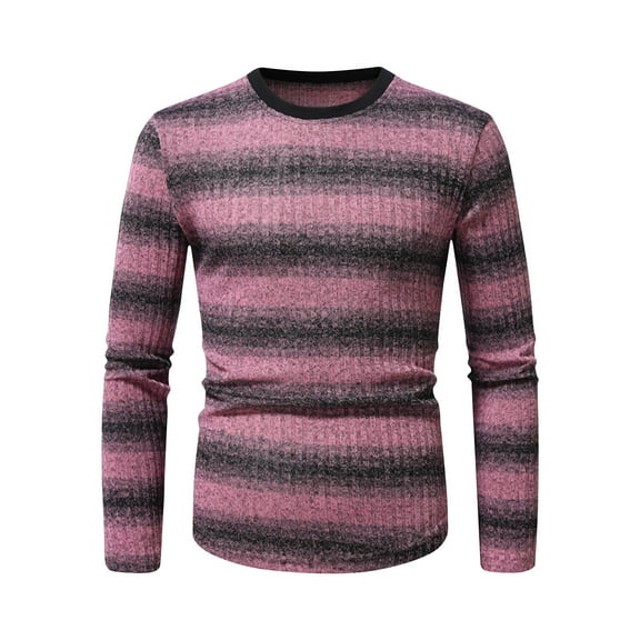 successthop Mens Stripe Sweater Long Sleeve Crewneck Fall Winter Pullover Knitwear Stylish Color Block Knit Tops Pink M