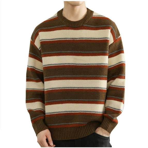 successthop Mens Stripe Sweaters Long Sleeve Chunky Crewneck Knitwear Ribbed Cuff Vintage Color Block Winter Tops