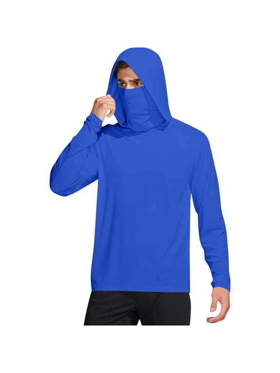 Mens Sun Hoodie with Face Cover Hooded Long Sleeve Solid Jacket for Outdoor Driving Traveling Hiking Fishing Blue 2XL