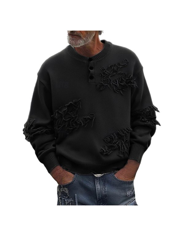 Mens Sweaters for the Winter Long Sleeve Crewneck Tops Quarter Zip Pullover Ripped Knitwear Casual Clothes