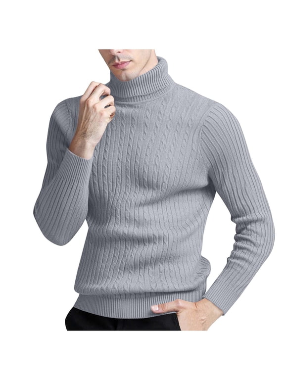 Mens Sweaters for the Winter Long Sleeve Turtle Neck Tops Pullover Cable Knitwear Layer Look Clothes