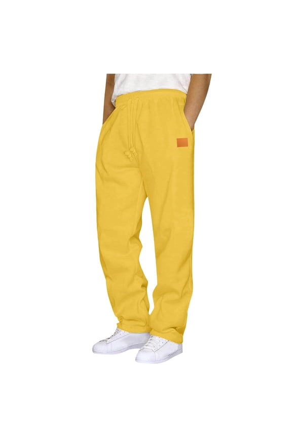 Yellow Sweatpants Men Big and Tall Elastic Waist Pant with Pockets Straight Leg Bottoms Drawstring Trousers