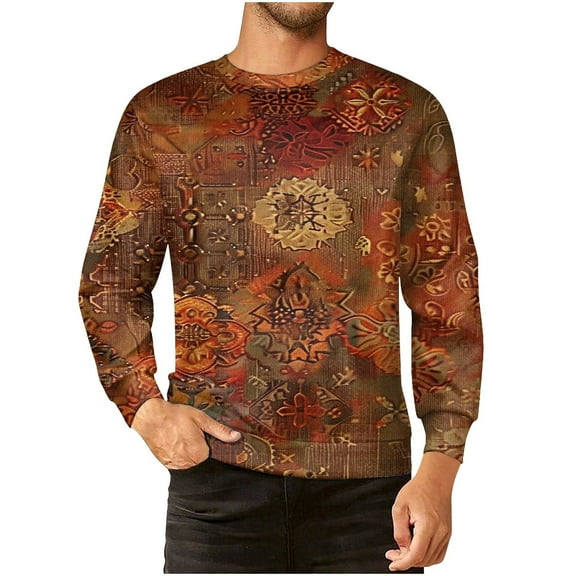 successthop Mens Sweatshirt Crewneck Fleece Loose Plus Size Long Sleeve Sweater Pullover Tops Print Fall Clothes Brown