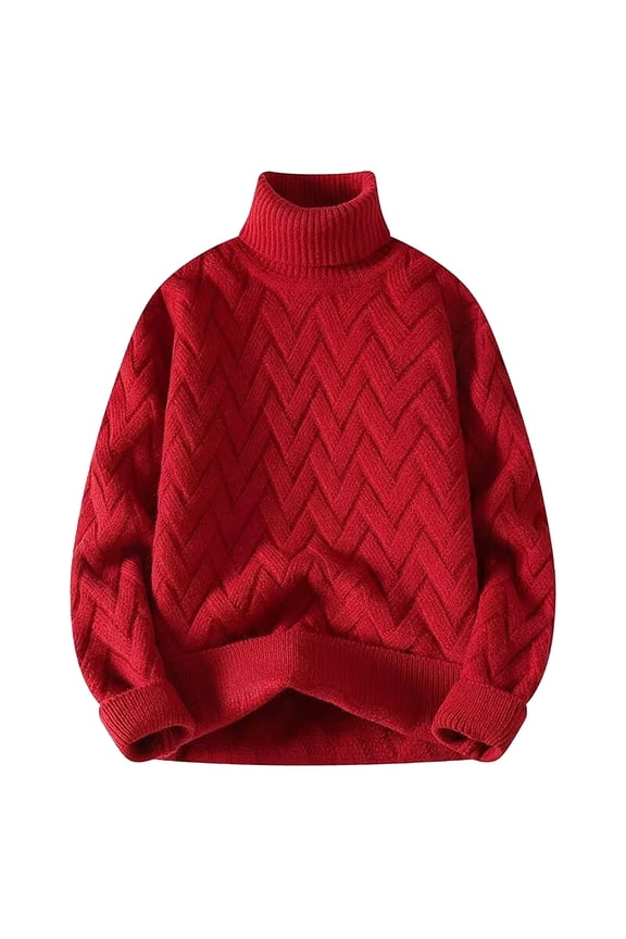 Mens Turtleneck Sweater Cable Knit Long Sleeve Clothes Chunky Fall Winter Pullover Knitwear Solid Top Red M