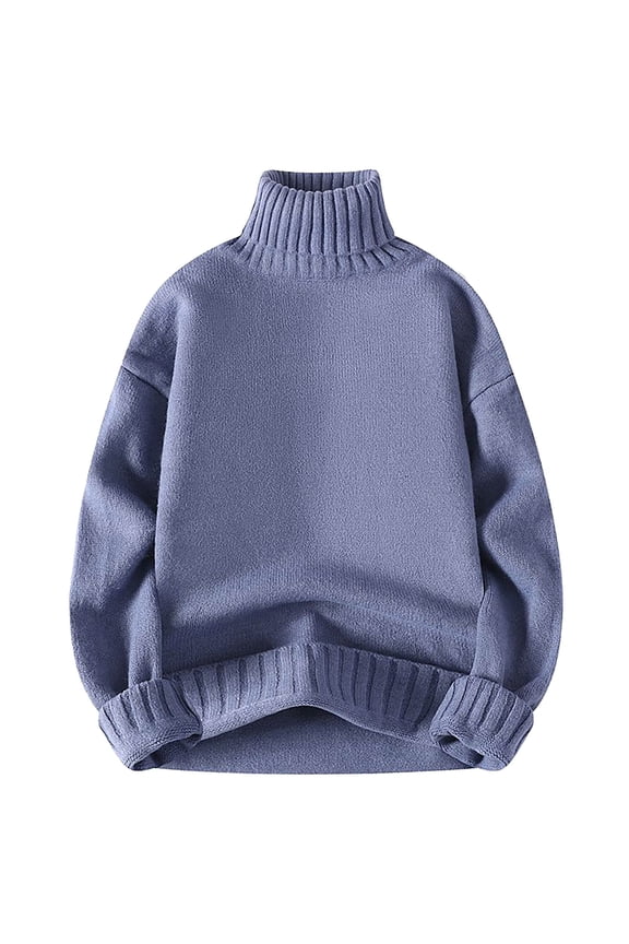 Mens Turtleneck Sweaters Long Sleeve Sweater Chunky Fall Winter Pullover Tops Trendy Solid Clothes Blue XL