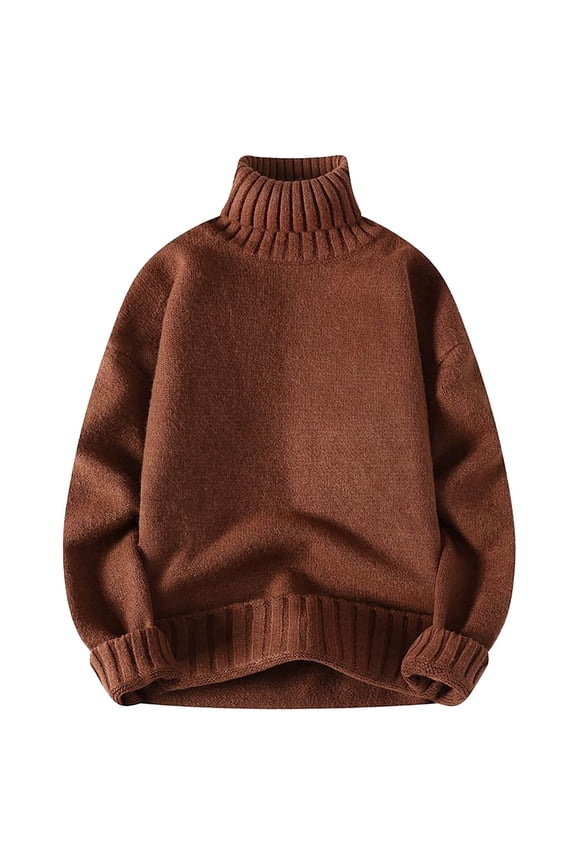 Mens Turtleneck Sweaters Long Sleeve Sweater Chunky Fall Winter Pullover Tops Trendy Solid Clothes Brown M