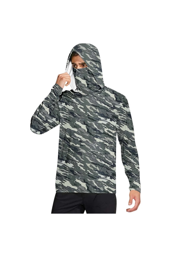 Mens UV Protection Shirts for Swimming with Face Cover Hooded Long Sleeve Camouflage Jacket for Outdoor Driving Traveling Hiking Fishing Gray M