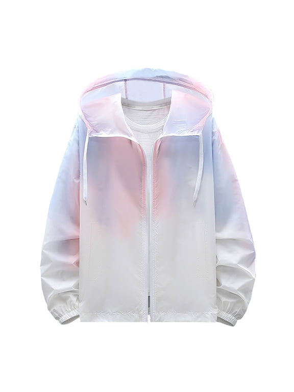 Mens UV Protection Shirts Zip Up Hooded with Pockets Long Sleeve Gradient Jacket for Outdoor Driving Traveling Hiking Fishing Pink 4XL