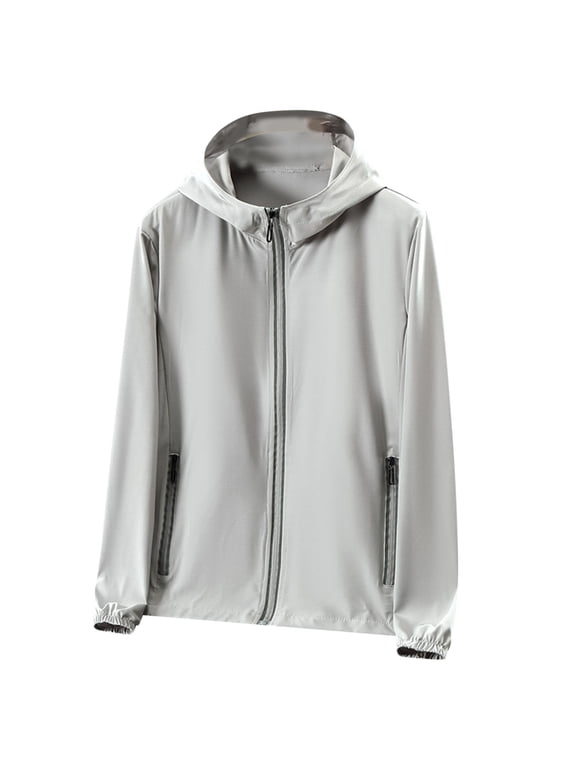 Mens UV Protection Shirts for Swimming Hooded Long Sleeve Solid Jacket for Outdoor Driving Traveling Hiking Fishing Gray L