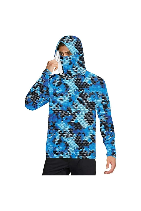Mens UV Protection Shirts with Face Cover Hooded Long Sleeve Camouflage Jacket for Outdoor Driving Traveling Hiking Fishing Blue M