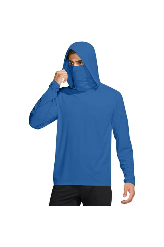 Mens UV Protection Shirts with Face Cover Hooded Long Sleeve Solid Jacket for Outdoor Driving Traveling Hiking Fishing Blue L