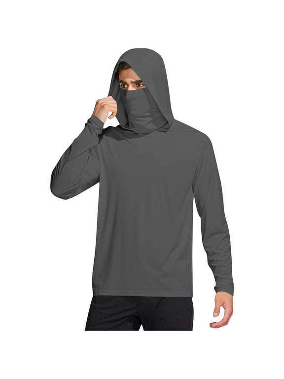 Mens UV Protection Shirts with Face Cover Hooded Long Sleeve Solid Jacket for Outdoor Driving Traveling Hiking Fishing Gray L