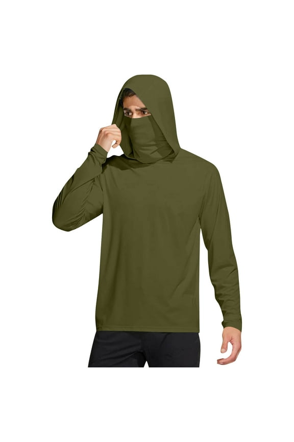 Mens UV Protection Shirts with Face Cover Hooded Long Sleeve Solid Jacket for Outdoor Driving Traveling Hiking Fishing Green M