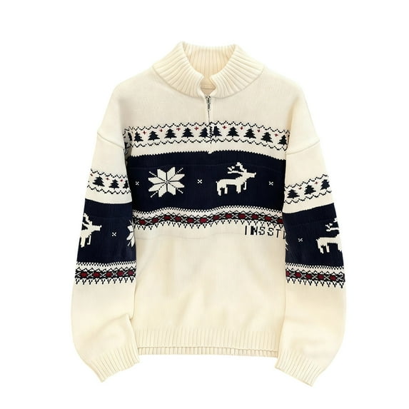 successthop Mens Ugly Christmas Sweaters Deer Vintage Casual Loose Quarter Zip Mock Neck Knitwear Tops Clothes Beige