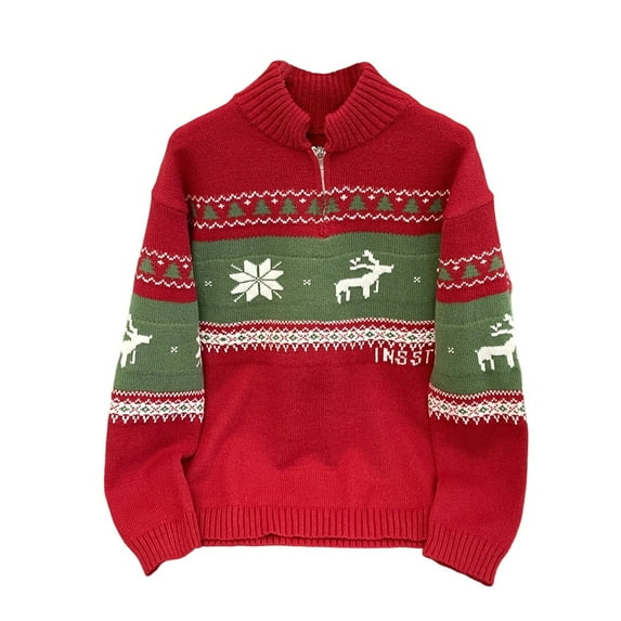 successthop Mens Ugly Christmas Sweaters Deer Vintage Casual Loose Quarter Zip Mock Neck Knitwear Tops Clothes Red