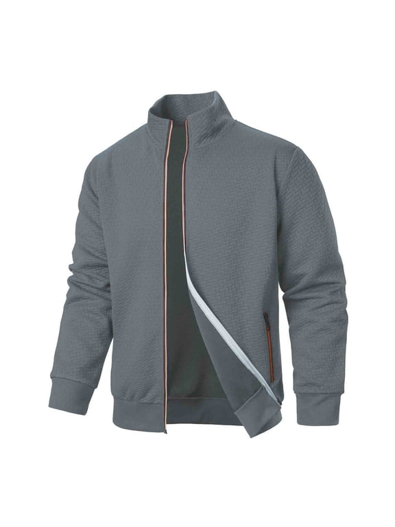 Mens Winter Coats Long Sleeve No Hooded Jacket with Pockets Zipper Solid Fall Casual Outwear