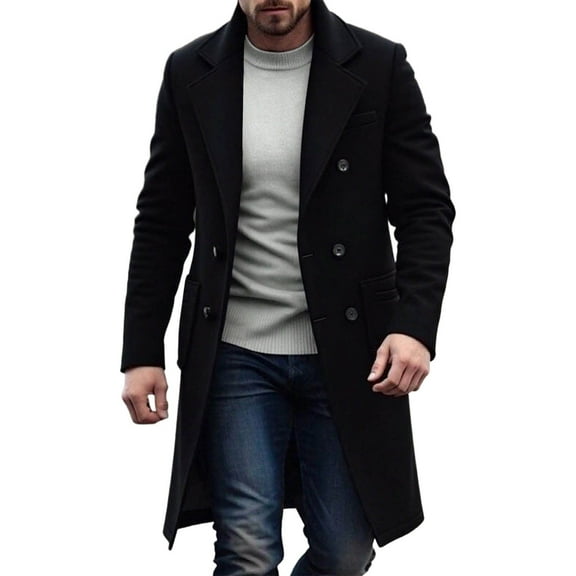 successthop Mens Wool Blend Coats Notched Lapel Jackets with Pockets Double Breasted Trendy Clothes Solid Trench Black S