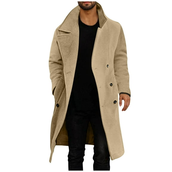 successthop Mens Wool Blend Coats Notched Lapel Trench Double Breasted Stylish Jacket Long Sleeve Solid Clothes Brown