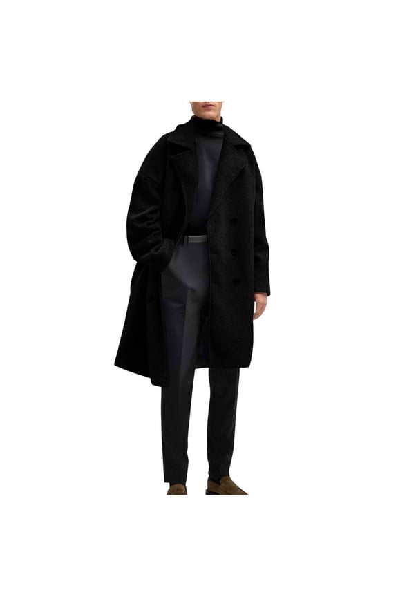 Mens Wool Blend Coats Notched Lapel Trench with Pockets Single Breasted Clothes Solid Trendy Jackets Black