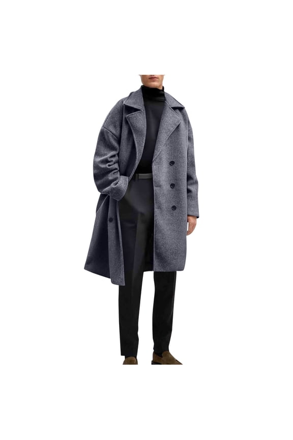 Mens Wool Blend Coats Notched Lapel Trench with Pockets Single Breasted Clothes Solid Trendy Jackets Gray L