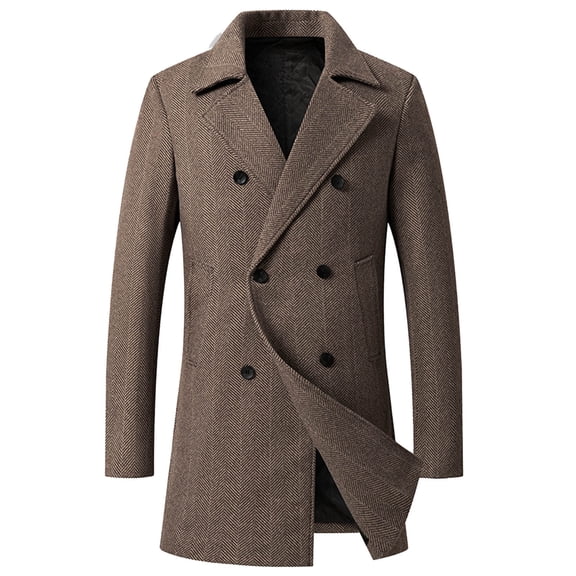 successthop Mens Wool Coat Vintage Notched Lapel with Pockets Double Breasted Casual Outwear Long Sleeve Solid Jackets