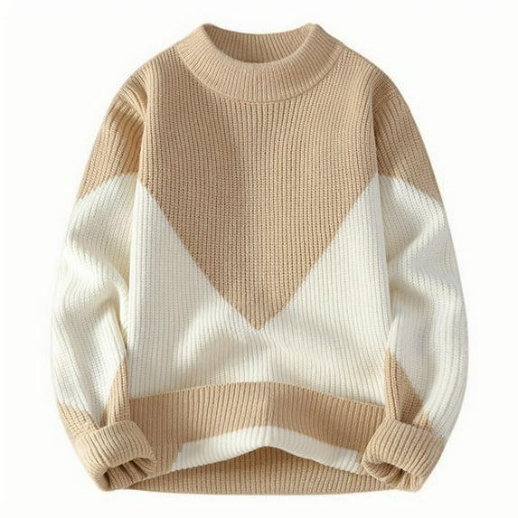 successthop Mens and Big Mens Sweater Plus Size Ribbed Long Sleeve Knitwear Chunky Crewneck Jacquard Color Block Top