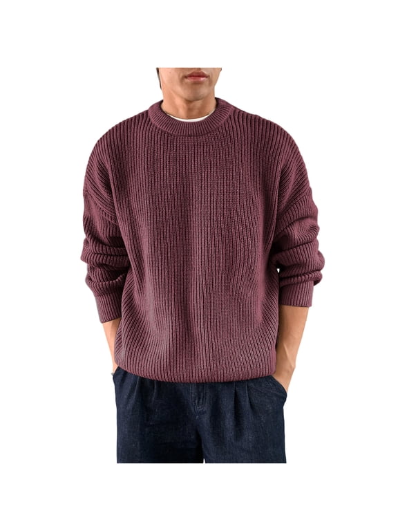 Mens and Big Mens Sweaters Plus Size Long Sleeve Knitwear Chunky Crewneck Fall Winter Ribbed Cuff Solid Tops