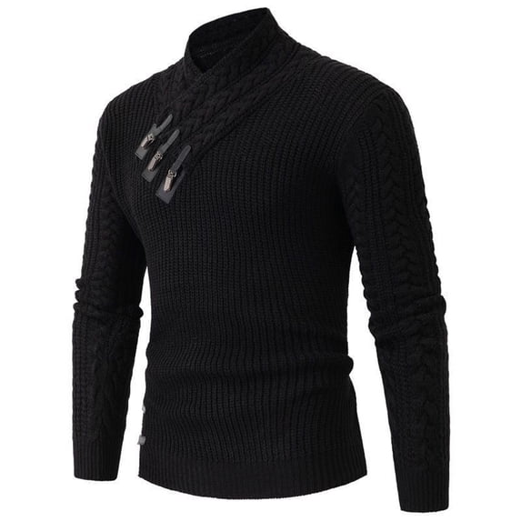 successthop Mock Neck Sweater Men Long Sleeve Clothes Chunky Sweater Ribbed Cuff Irregular Button Solid Winter Tops