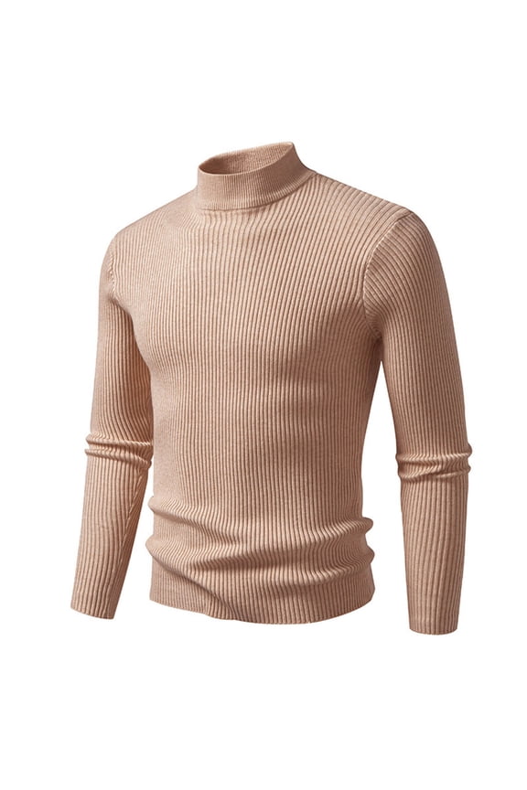 Mock Neck Sweaters Men Plus Size Strecth Long Sleeve Knit Tops Ribbed Cuff Solid Keep Warm Clothes Brown 2XL