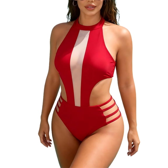 successthop Monokini Swimsuits for Women Cutout Bathing Set Backless Padded Color Block 2 Piece Tie Kont Swimwear Red