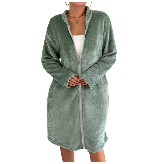 successthop Nightgowns for Women Winter Flannel Knee Length Soft Bathrobe Loose Housecoat Zip Solid Ladies Sleepwear M
