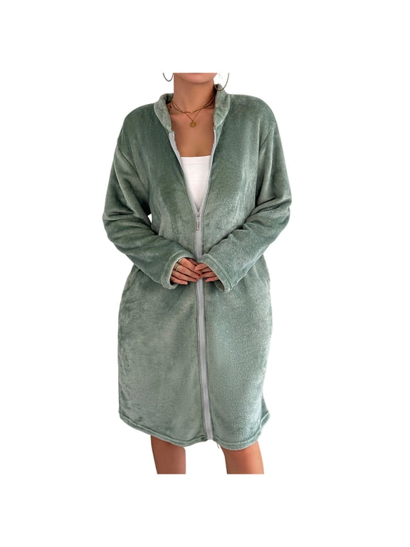 Nightgowns for Women Winter Flannel Knee Length Soft Bathrobe Loose Housecoat Zip Solid Ladies Sleepwear XL