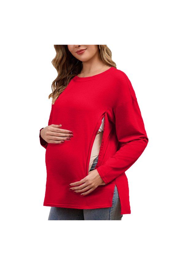 Nursing Shirts for Breastfeeding Long Sleeve Crewneck Side Hidden Zip Tunic Split Hem Solid Maternity Tops