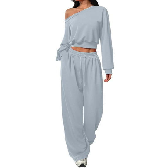 successthop Off Shoulder Set Women Long Sleeve Tops and Elastic Drawstring Sweatpant Solid Two Pieces with Pockets Gray