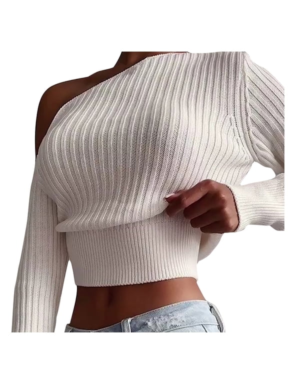 Off the Shoulder Sweaters for Teens Long Sleeve Tops Cropped Pullover Knitwear Winter Casual Clothes White