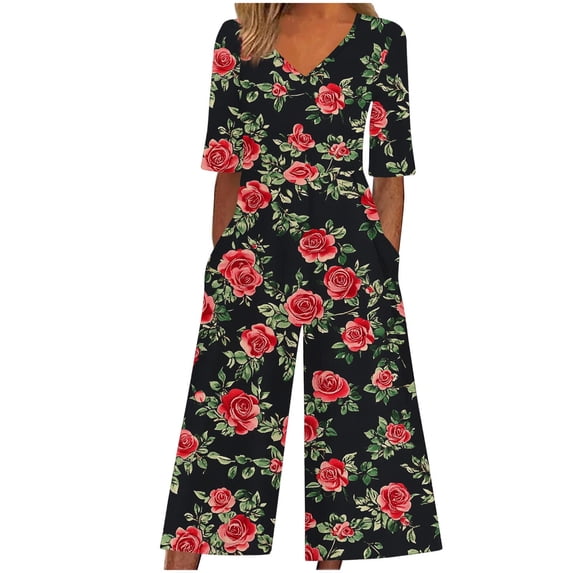 successthop One Pieces Jumpsuit with Zipper Women V Neck Short Sleeve Long Pants Floral Stylish Lounge Wear with Pockets