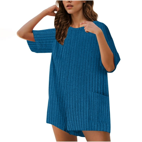 successthop One Pieces Rompers for Women Shorts Ribbed V Neck Short Sleeve Backless Solid Activewear with Pockets Blue M