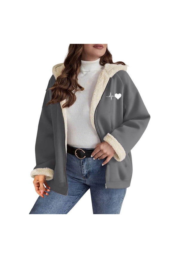 Oversized Jackets for Women Fleece Streetwear Long Sleeve Zip Up Hooded Coat Heartbeat Outwear Gray XL
