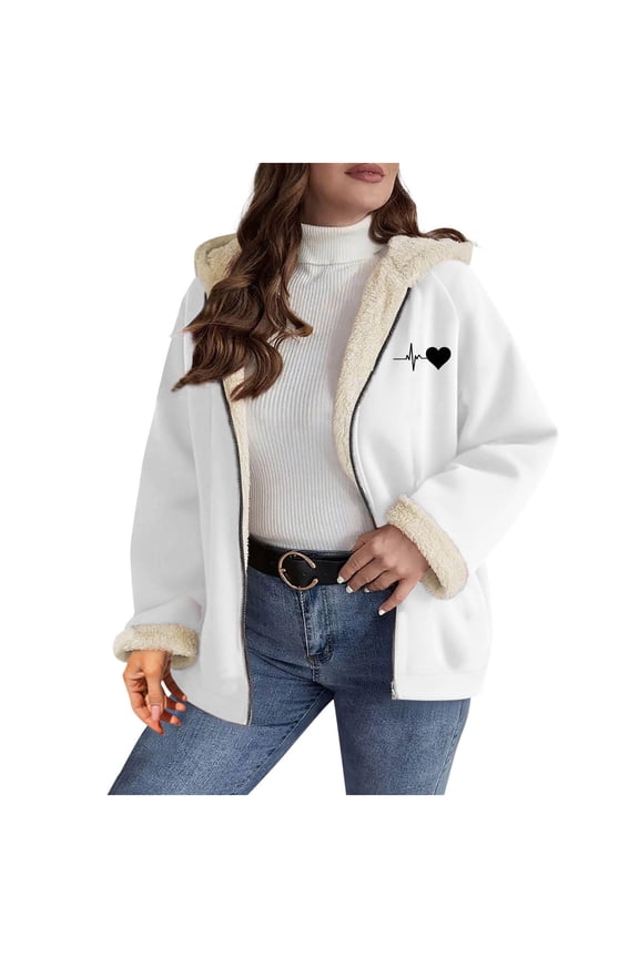 Oversized Jackets for Women Fleece Streetwear Long Sleeve Zip Up Hooded Coat Heartbeat Outwear White 2XL