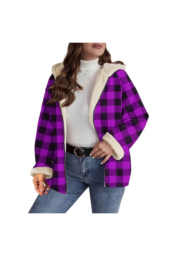 Oversized Jackets for Women Fuzzy Casual Coat Long Sleeve Zip Up Hooded Streetwear Plaid Outerwear Purple