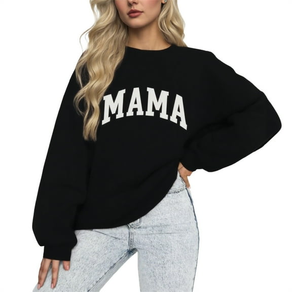 successthop Oversized Mama Sweatshirt for Women Crewneck Long Sleeve Tops Casual Pullover Sweater Letter Outwear Black