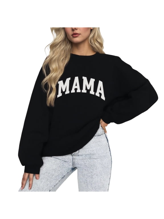 Oversized Mama Sweatshirt for Women Mothers Day Tops for Mom Casual Pullover Sweater Festival Clothes Black