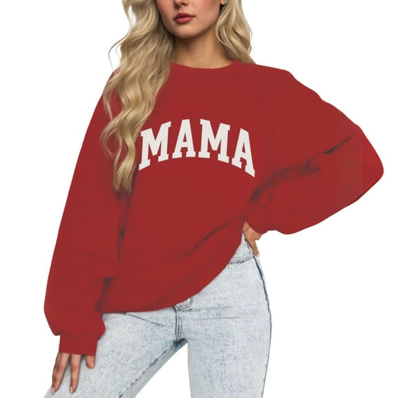 successthop Oversized Mama Sweatshirt for Women Crewneck Long Sleeve Tops Casual Pullover Sweater Letter Outwear Red