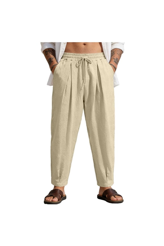 Oversized Men Linen Pants Drawstring Slacks Big and Tall Tapered Trousers Holiday Clothes with Pockets Khaki