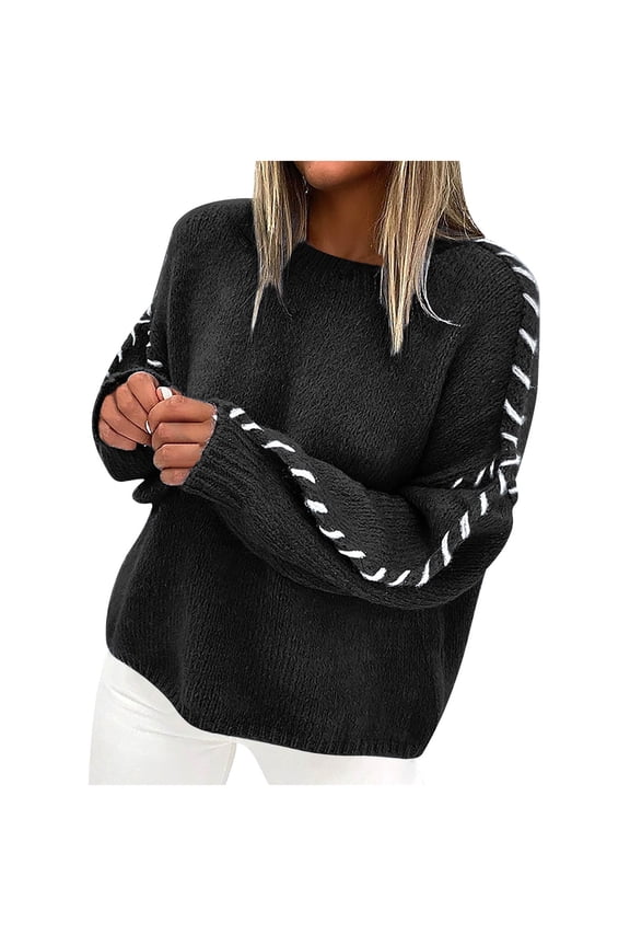 Oversized Sweaters Women Knit Long Sleeve Outwear Chunky Crewneck Pullover Tops Color Block Clothes Black S