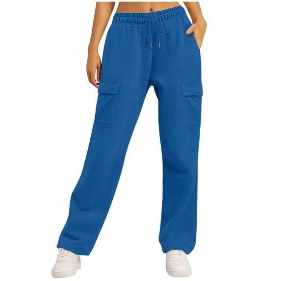 successthop Oversized Sweatpants for Women Athletic Fleece Trousers with Pockets Drawstring Streetwear Solid Pants Blue