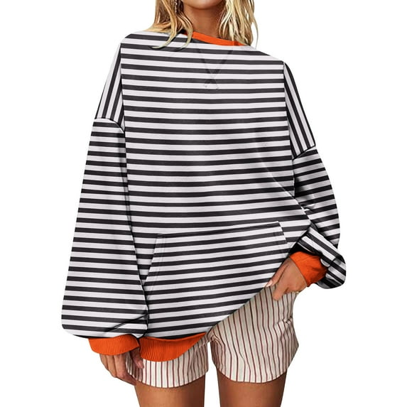 successthop Oversized Sweatshirt for Women FLeece Crewneck Long Sleeve Tops Pullover Clothes with Pockets Stripe Sweater
